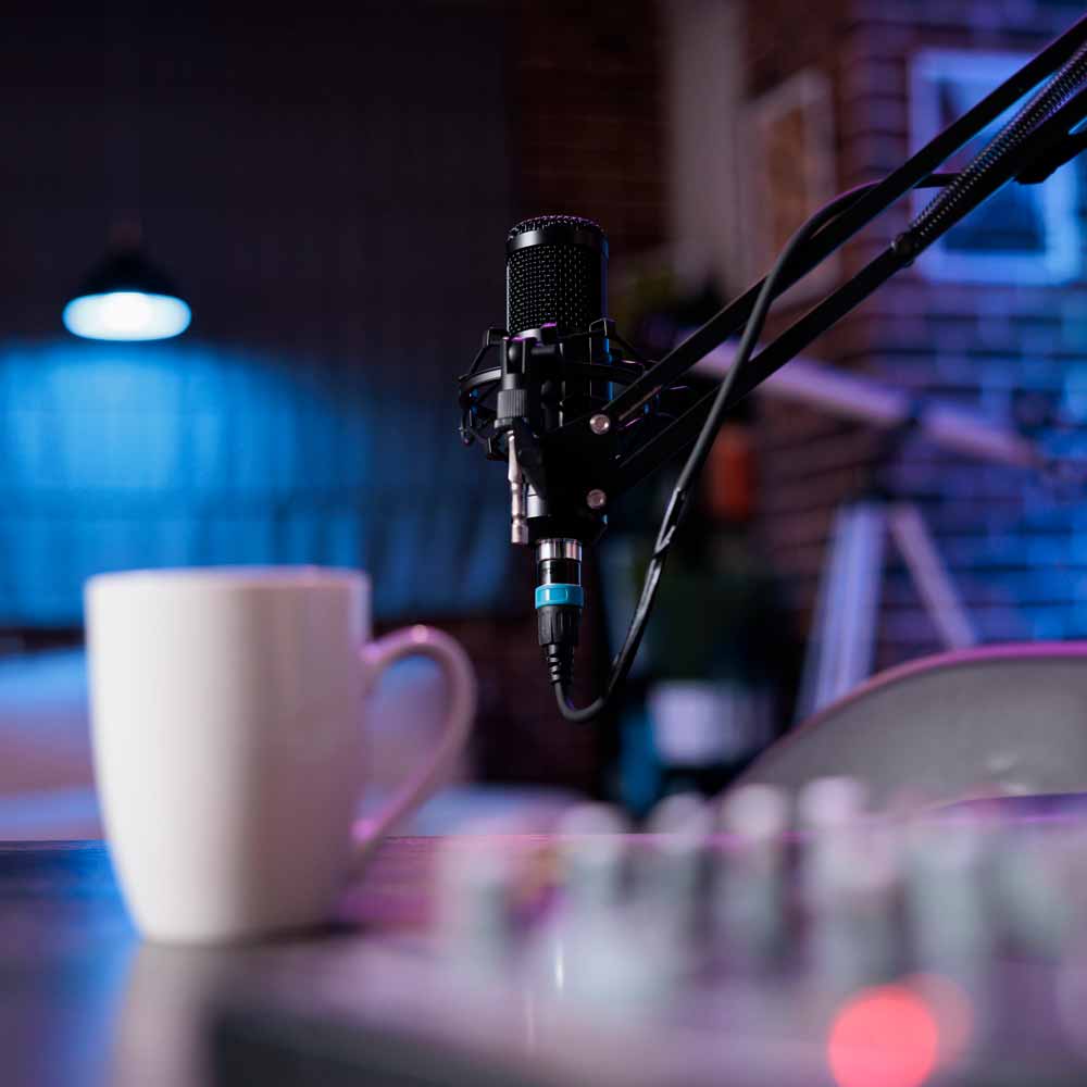 Microphone on a stand and mug on a desk